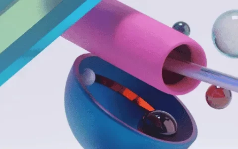 Colorful 3D geometric shapes float above a curved base, surrounded by translucent spheres, creating a dynamic and playful visual composition.