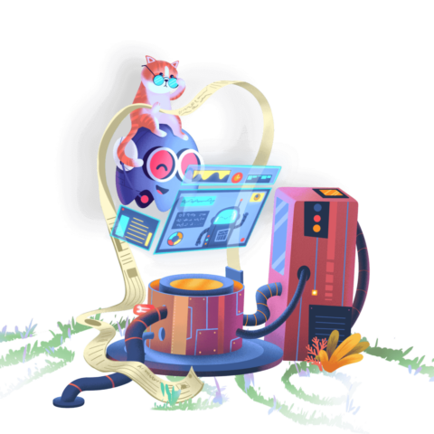 Using AI in Research Workflows Image: Marvin and Cat looking at computer